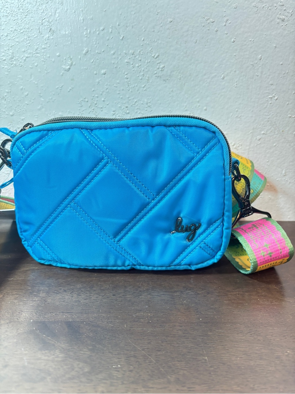 lug Quilted Teal Crossbody with Multicolor Woven Strap - Picture 2 of 8